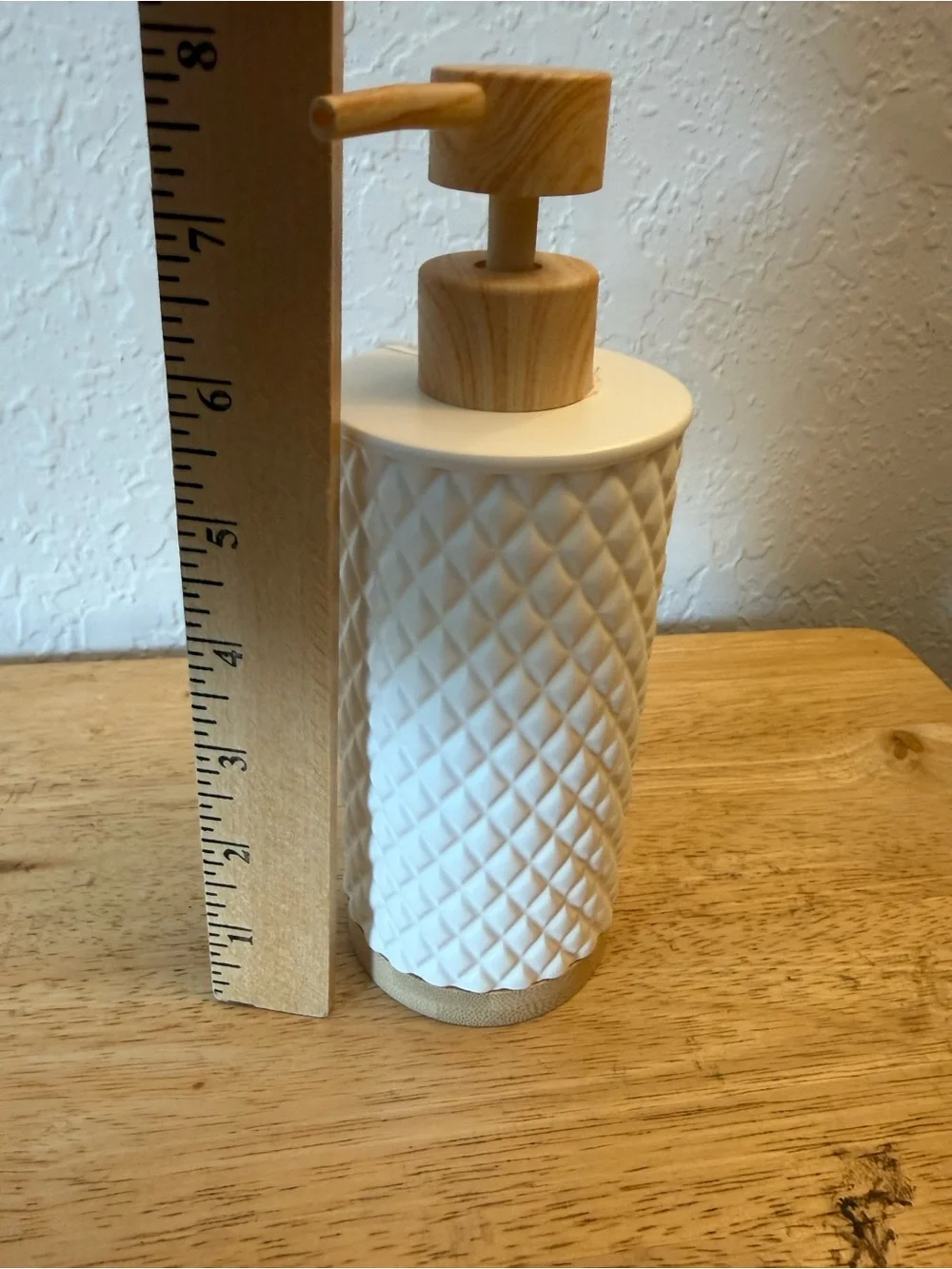 Ceramic White Soap Dispenser with Wood-Tone Pump - Bathroom Accessory